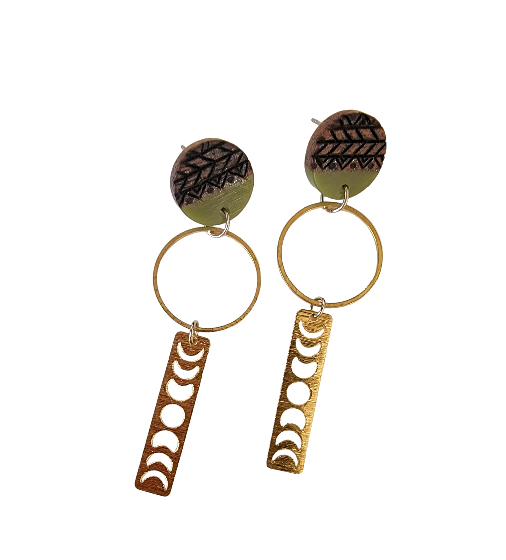 Pyro Wood, Brass, and Epoxy Earrings